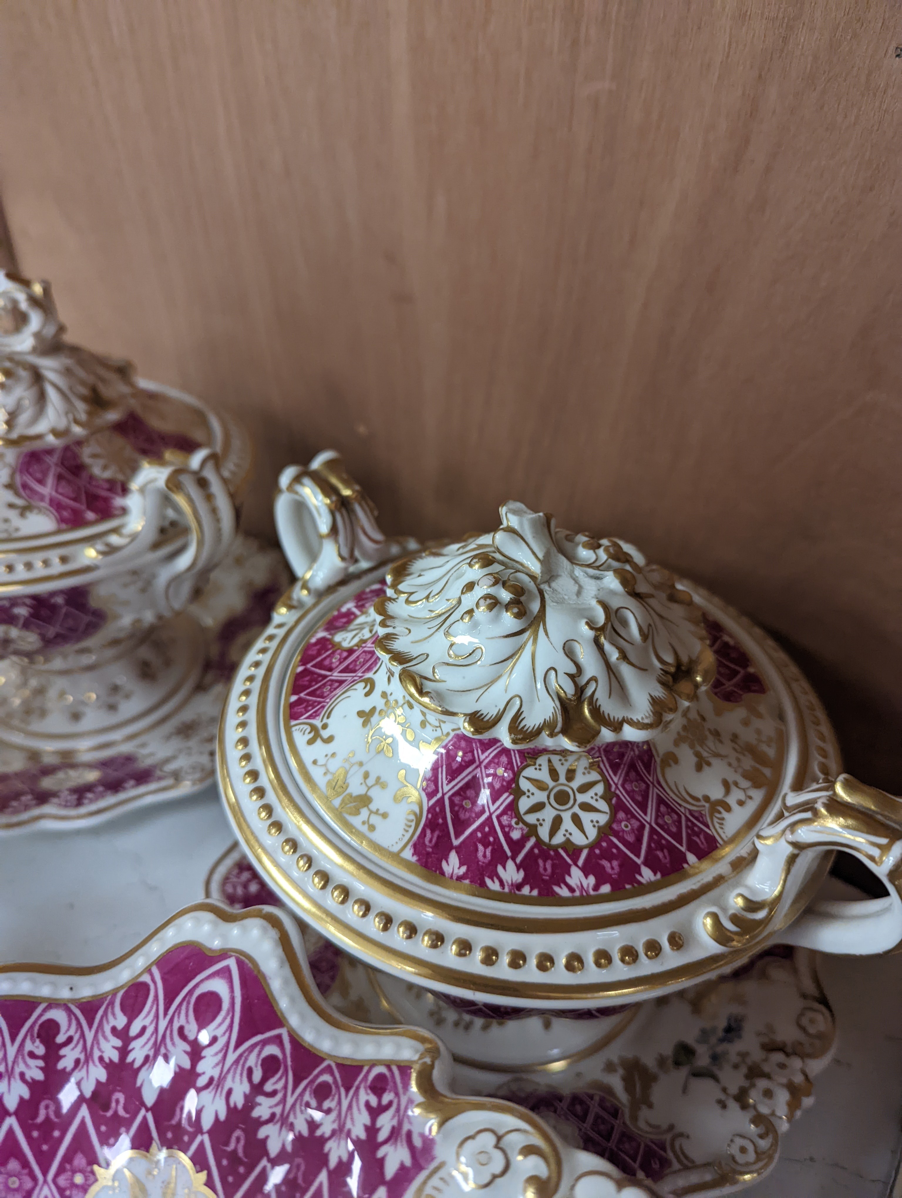 A Ridgways porcelain topographical part dessert service, c.1835, pattern number 2168, the sauce tureens and covers pattern number 2179